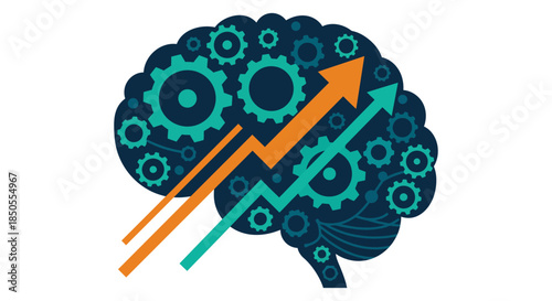 brain with gears and growth arrows symbolizing innovative thinking and cognitive development ideal for business performance concepts