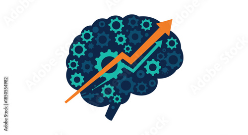 brain with gears and upward arrows icon illustrating data driven growth cognitive analytics innovation strategy and business performance