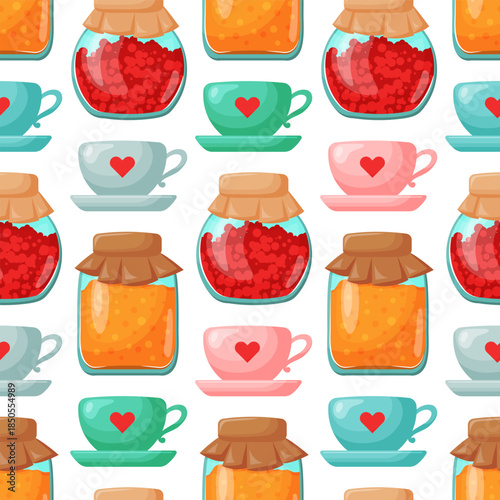 seamless pattern with jam jars and teacups. For menu and seasonal designs
