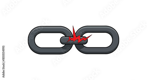 broken chain link icon with red crack symbolizing weakness security breach and system failure on white background for risk concepts
