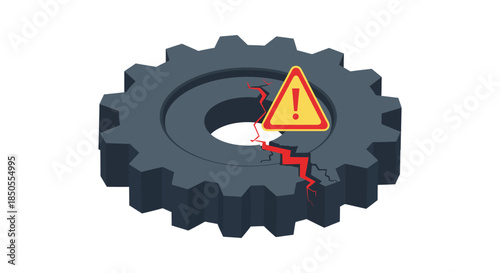 broken gear icon with red crack and warning sign illustrating mechanical failure risk management and industrial safety downtime concept