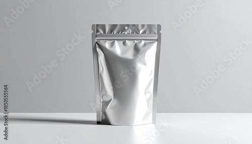 Shiny, metallic pouch stands upright on a white surface with subtle shadows