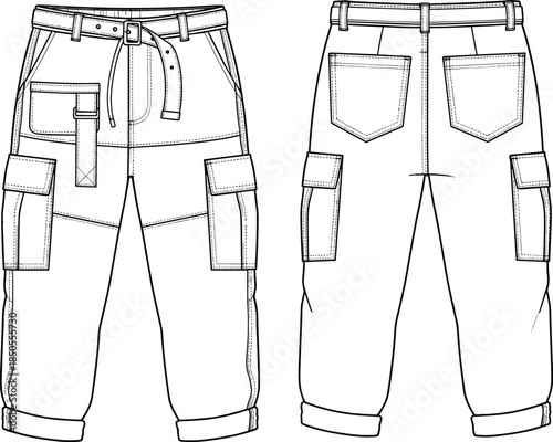Trendy Utilitarian Cargo Pants CAD Drawing Fashion Flat Vector Illustration with Belt and Rolled Cuffs for Apparel Design and Technical Specification.