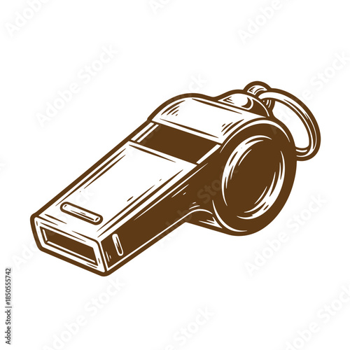Detailed sketch illustration of a classic referee whistle in brown isolated on white