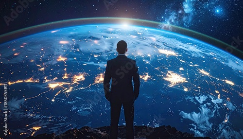 Silhouette of a person observing Earth from a starry, galactic panorama