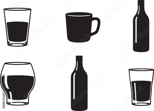 Black and White Icons of Various Glasses and Bottles for Drinks collection drinking