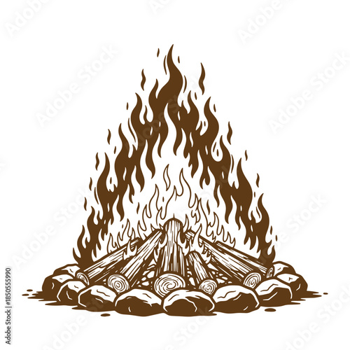 Detailed vintage sketch illustration of a burning campfire with flames and stone foundation