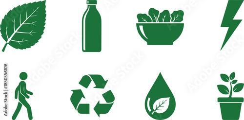 Collection Of Eight Green Icons Representing Nature And Sustainability On White Background leaf plant