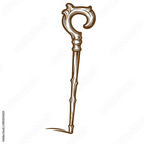 Elegant vintage walking cane sketch in brown color with detailed carvings isolated