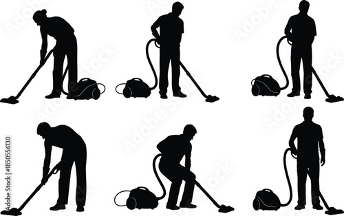 Vacuum Cleaner User Silhouette Set, People Cleaning House, Man and Woman Doing Chores, Domestic Work, and Housekeeping Icon, Isolated Vector Illustration