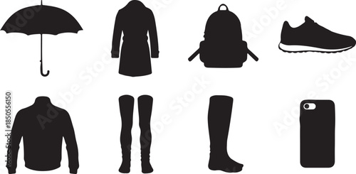 Group of eight black and white clothing and accessory icons on a white background Keywords: umbrella, coat, trench coat, backpack, bag, shoe