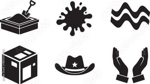 Six black silhouette icons for construction, liquids, and western themes Keywords: icon, set, collection, shovel, sand, box, dirt, construction