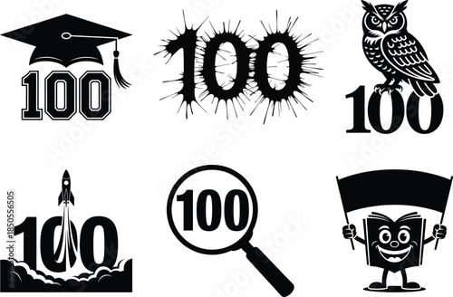 Illustration of one hundred days of school with a black silhouette on transparent background