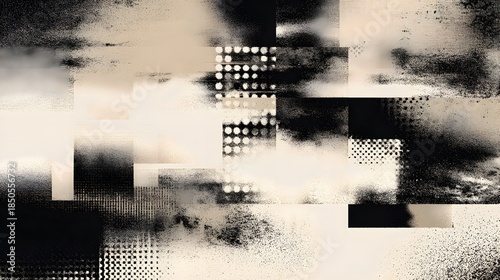 A stylish sepia and black abstract composition featuring halftone dots and weathered textures for a vintage industrial aesthetic.