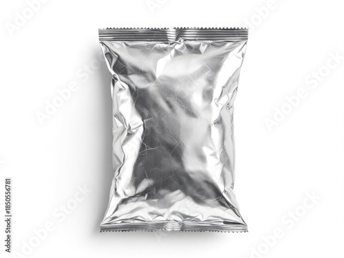 Shiny silver pouch, top view, crinkled appearance, on white background