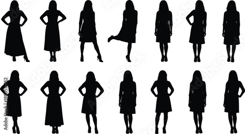 A comprehensive collection of multiple female silhouettes in various dress styles and dynamic poses, representing women in fashion, casual wear, and professional settings.