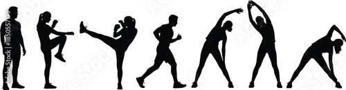 A set of dynamic fitness and exercise silhouettes for men and women, performing stretching, running, and kickboxing poses on a white background, perfect for sports and health projects.