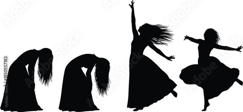 A set of graceful female dancer silhouettes in flowing dresses, captured in dynamic poses for modern dance, ballet, and artistic projects.