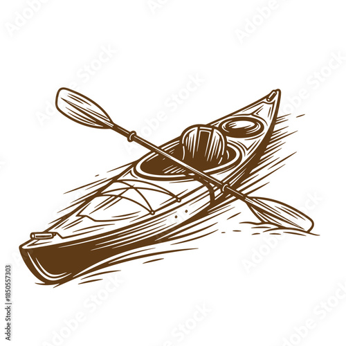 Vintage hand drawn illustration of a kayak and paddle on white water background