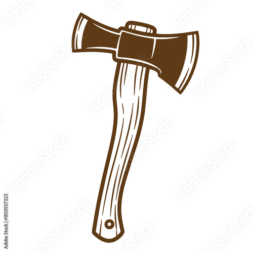 Vintage sketch illustration of a detailed axe with wooden handle on a white background