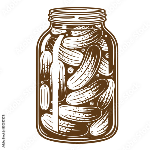 Vintage sketch illustration of a glass jar filled with pickled cucumbers for food design