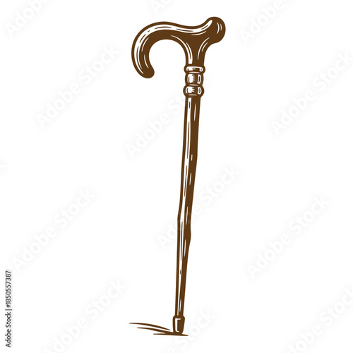 Vintage sketch illustration of a brown walking cane for support and style.