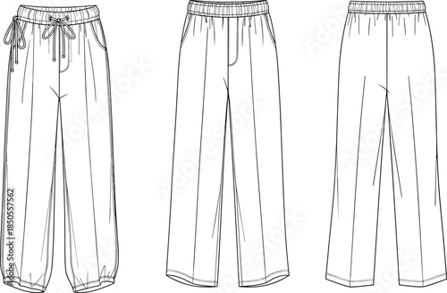 cad drawing flat vector illustration, fashion pants sketch, technical garment design, elastic waistband blueprint, pocket detail layout, relaxed fit silhouette