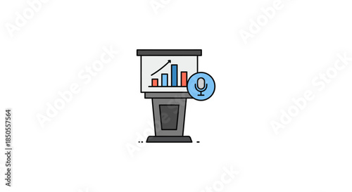 business presentation podium with microphone icon showing rising bar chart statistics on white background perfect for webinar slides