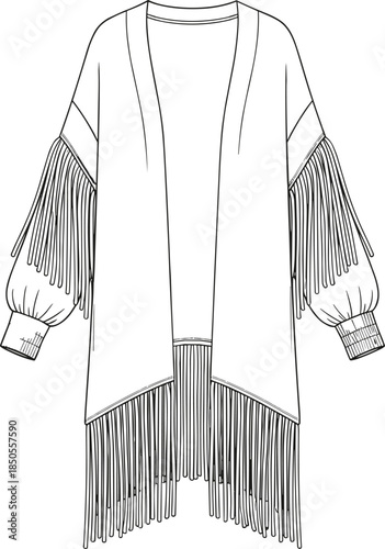 cad drawing flat vector illustration, fringe cardigan sketch, fashion technical design, garment construction blueprint, boho outerwear pattern, open front layout