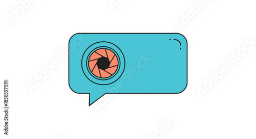 camera chat bubble icon with aperture lens symbol minimalist blue speech balloon for photography blog social media and messaging apps