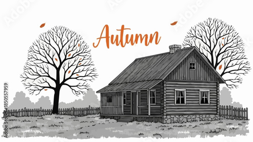 Rustic Wooden Cabin in Autumn Landscape Illustration.