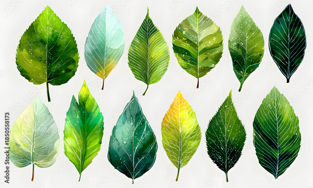 Fototapeta premium A set of abstract green leaves on a transparent background, for logos, designs, for the symbolism of the green planet
