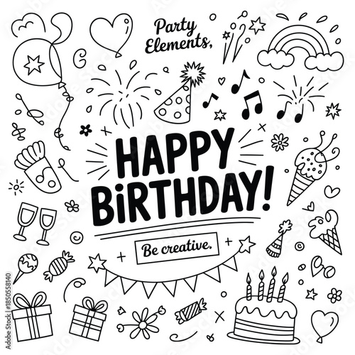 Hand drawn birthday elements with balloons cake and celebratory doodles