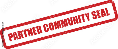 A worn red rubber stamp impression featuring the text Partner Community Seal on a white paper texture