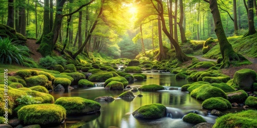 Serene forest glade with a gentle brook and moss-covered rocks amidst lush greenery