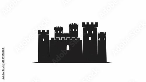 Silhouette of a Medieval Castle with Multiple Towers and Battlements.