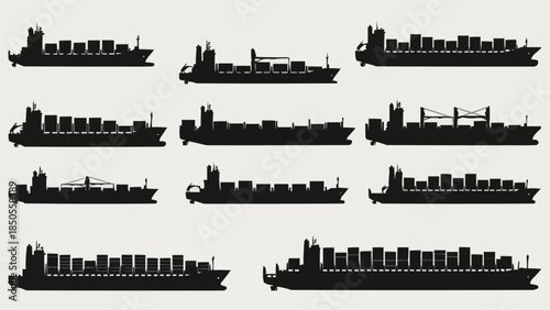 Collection of Cargo Ships Silhouettes for Transportation and Logistics.