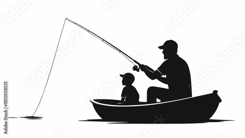 Father and Son Fishing Together in a Boat Silhouette.