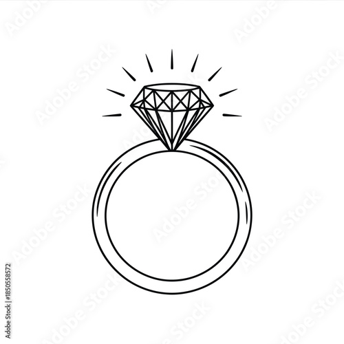 A simple black and white sketch of a diamond ring with radiating lines