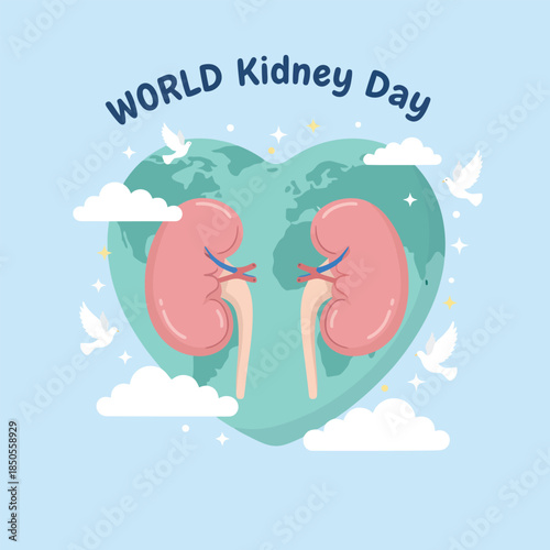 World Kidney Day Global Awareness Illustration with Kidneys and Heart-Shaped Earth