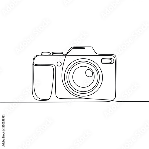 A single continuous line drawing depicts a classic digital camera design