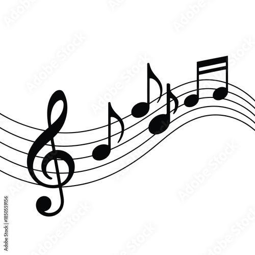 Musical notes and treble clef gracefully floating on a wavy staff