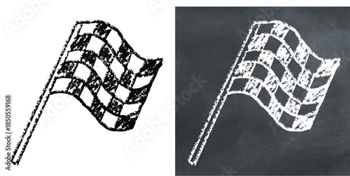 Chalk handdrawn finish flag icon vector for racing and competition. Ideal for winners, sports events, and achievement concepts on blackboards.