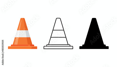 Traffic cones in various states of completion lined up against a white background