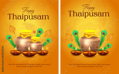 Happy Thaipusam Festival Poster with Traditional Offerings, Peacock Feathers and Sacred Pot