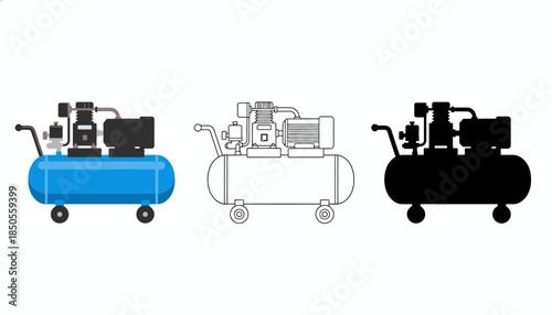 Industrial Air Compressors in Various Colors and Line Styles on White Background