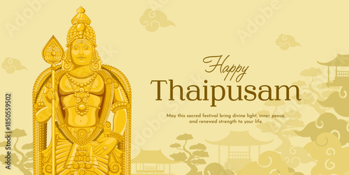 Happy Thaipusam 2026 Greeting Banner with Golden Lord Murugan Statue and Traditional Indian Motifs