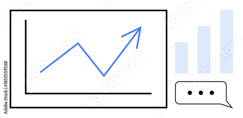 Business growth concept. Business growth visuals include a line chart with an upward arrow, bar graph, and speech bubble. Business growth in analytics, presentation, and strategy. Usable in finances