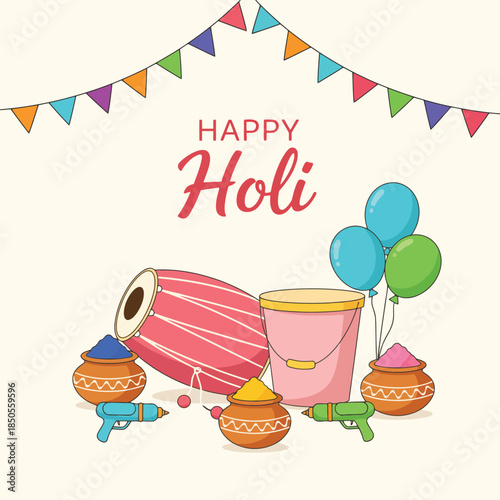 Happy Holi Festival Celebration Illustration with Traditional Elements and Colors