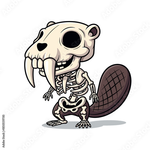 A cartoon beaver skeleton with a saber toothed skull stands on its hind legs